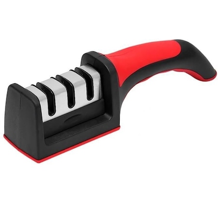 Ascutitor de cutite, 3 trepte, Maner ergonomic, Anti alunecare, 21.5 cm, Rosu/negru