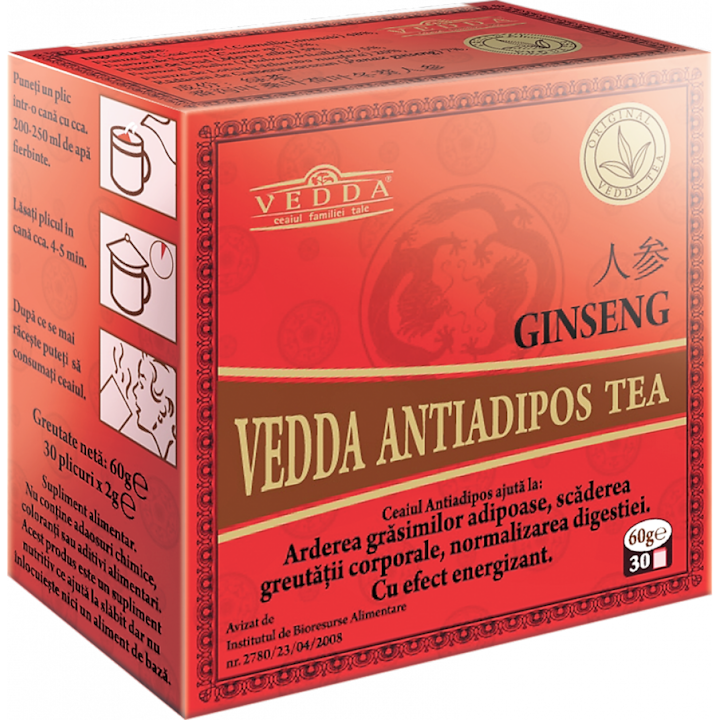 Ceai antiadipos original cu ginseng, 30 plicuri, 60gr, Vedda