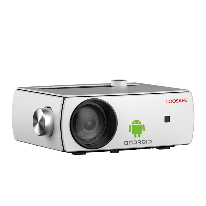Videoproiector Loosafe® YG433 Android, portabil, 8000 lumeni, 1920 x 1080 Full HD, LED, HDMI, VGA, AV, USB, SD, difuzor incorporat, Miracast, AirPlay, telecomanda, alb