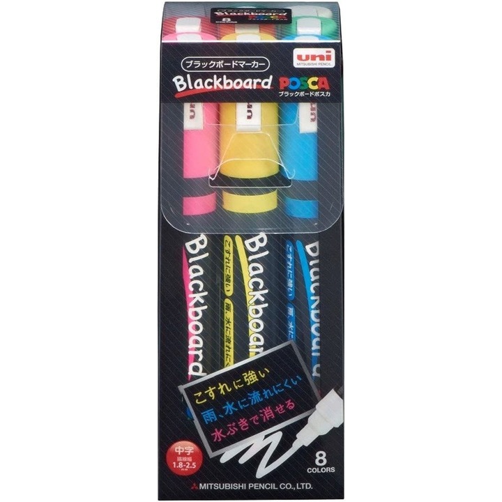Комплект от 8 маркера Uni Posca за черна дъска, PCE2005M8C, на водна основа, многоцветни