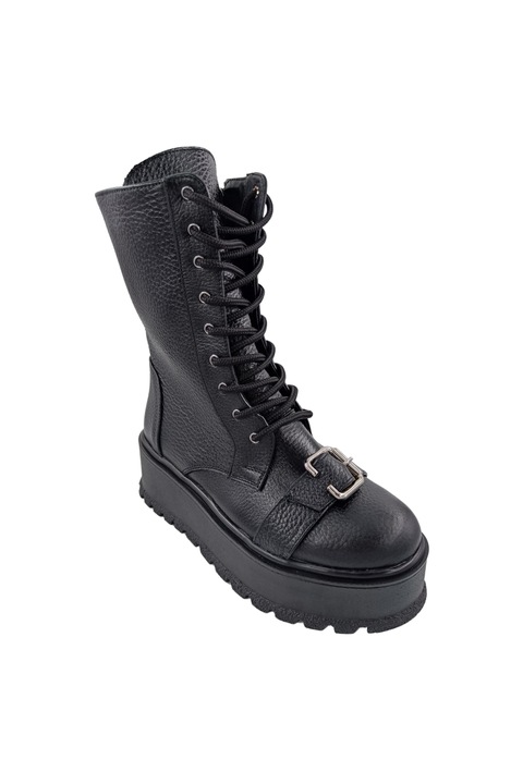 Bocanci dama piele naturala bizon cu catarama siret si fermoar pe lateral talpa masiva wedge negru 37 EU