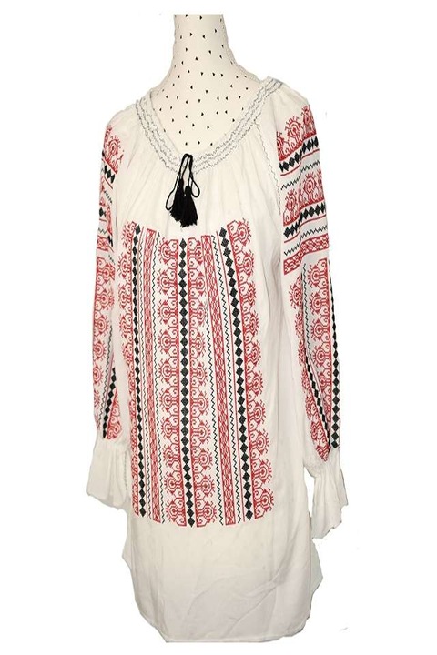 Brau Muntenesc, Ie populara dama, model Creste, bumbac alb, brodata cu rosu si negru, marime M INTL