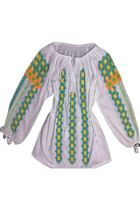 Ie populara dama model Roxana, marimea 2XL INTL, bumbac alb, brodata cu verde si galben