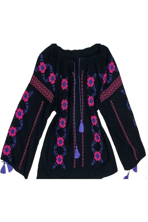 Ie populara dama model Carmen, marimea L INTL, bumbac bleumarin, brodata cu mov