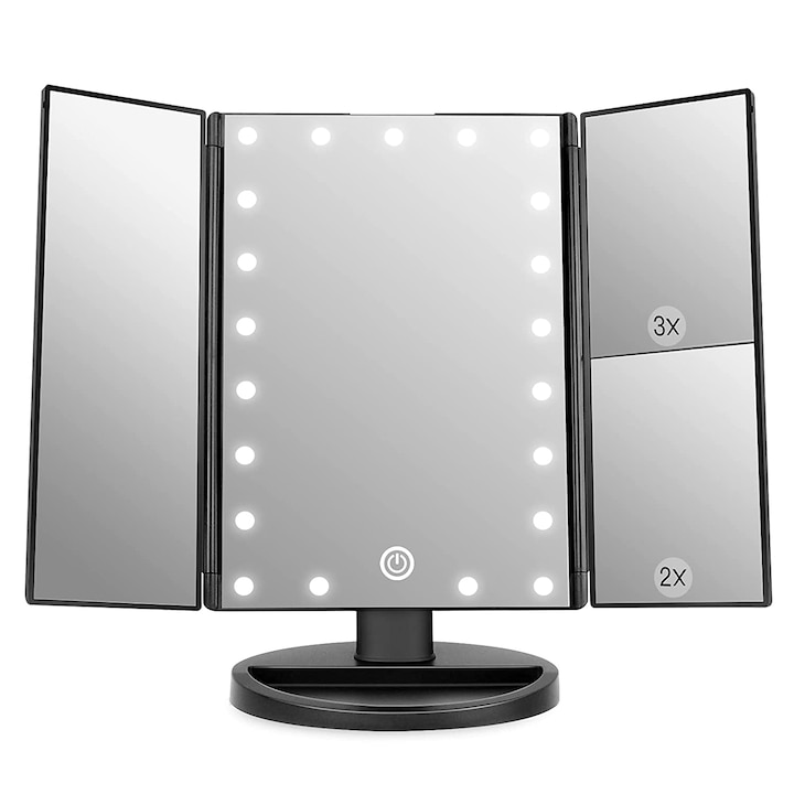 Oglinda de machiaj cu 22 de lumini LED, doua surse de alimentare, ecran tactil si oglinda de cosmetica cu marire, 115x285 mm, negru