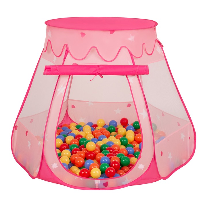 Játszósátor, Selonis, Castle House Pop Up Ballpit, 105x90cm, 300 golyó, Rózsaszín/Multicolor