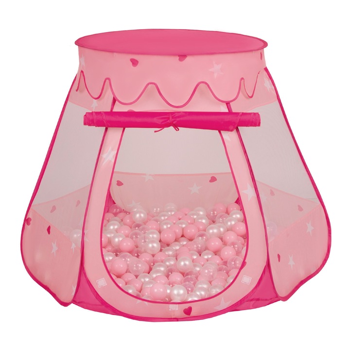 Játszósátor, Selonis, Castle House Pop Up Ballpit, 105x90cm, 100 golyó, Rózsaszín/Átlátszó