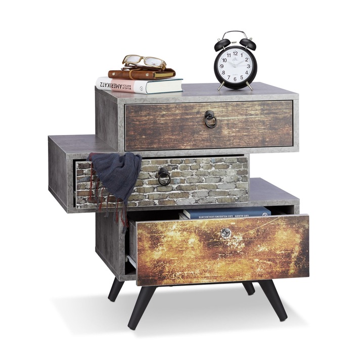 Comoda vintage Relaxdays, cu 3 sertare, multicolor, din MDF, 59.5 x 60 x 40 cm