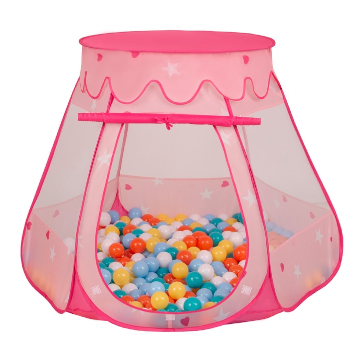 Játszósátor, Selonis, Castle House Pop Up Ballpit, 105x90cm, 100 golyó, Pink/Multicolor