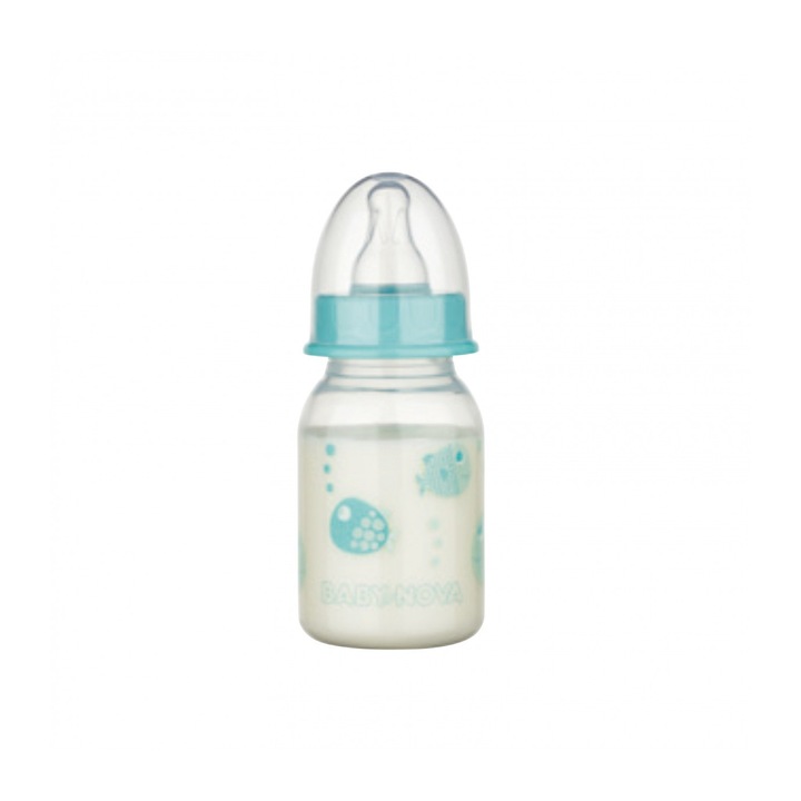 PP бутилка с бавен кръгъл биберон и животинска декорация 46010, Baby Nova, синьо, 120 ml