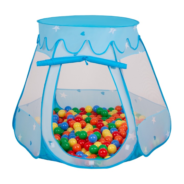 Játszósátor, Selonis, Castle House Pop Up Ballpit, 105x90cm, 100 golyó, Kék/Multicolor
