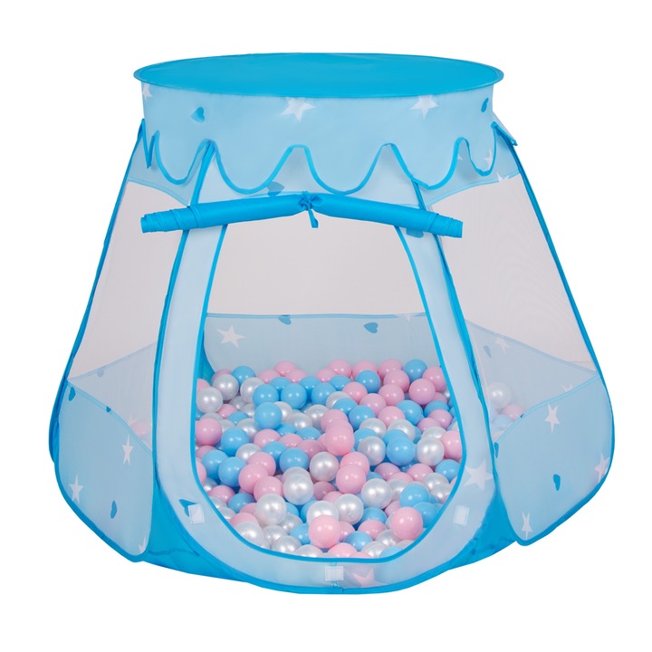 Játszósátor, Selonis, Castle House Pop Up Ballpit, 105x90cm, 100 golyó, Kék/Multicolor