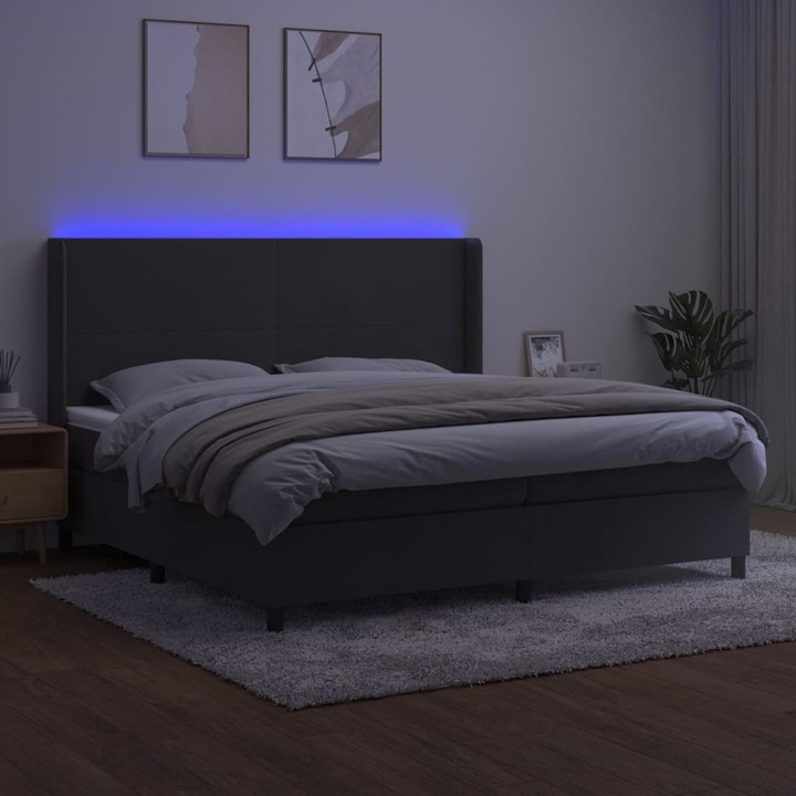 Pat cu arcuri vidaXL, saltea si LED, gri inchis, 200x200 cm, catifea, 60.38 kg
