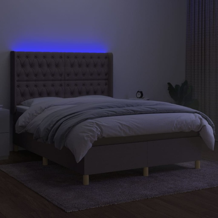 Pat cu arcuri vidaXL, saltea si LED, gri taupe, 140x200 cm, textil, 60.12 kg