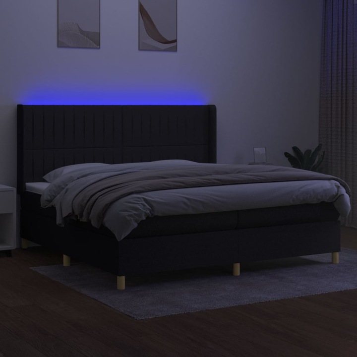 Pat cu arcuri vidaXL, saltea si LED, negru, 200x200 cm, textil, 60.32 kg