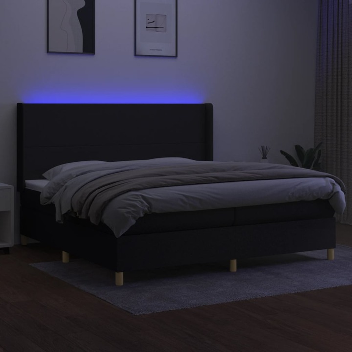 Pat cu arcuri vidaXL, saltea si LED, negru, 200x200 cm, textil, 59.87 kg