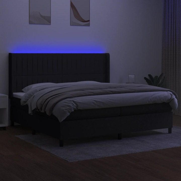 Pat cu arcuri vidaXL, saltea si LED, negru, 200x200 cm, textil, 60.32 kg 3138503