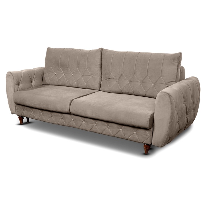 Canapea Copenhaga de 3 locuri din catifea gri, extensibila tip pat matrimonial, structura din arcuri Relaxa, cu lada de depozitare, 230x98x95 cm