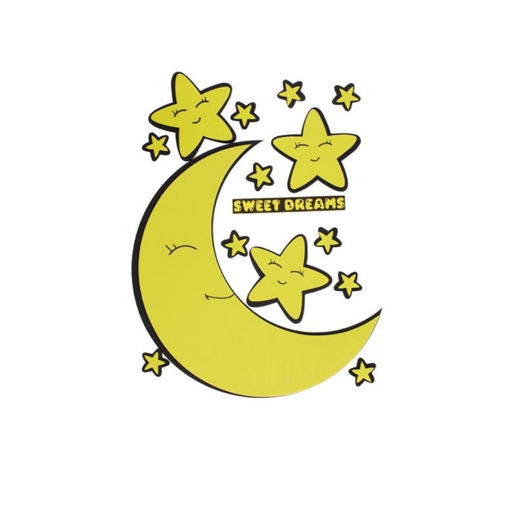 Декорации за детска стая, Луна и звезди, комплект от 15 фигурки, Жълти