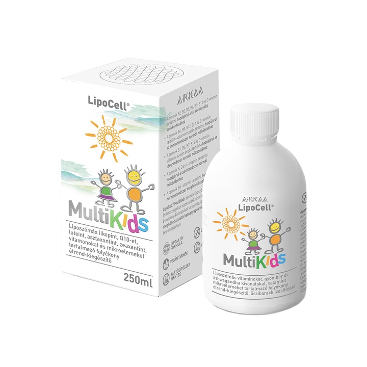 LipoCell MultiKids supliment alimentar lichid cu aroma de piersici, Multivitamine liposomale pentru copii. Hymato – (250 ml)