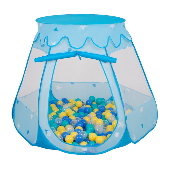 Cort de joaca, Selonis, Castle House Pop Up Ballpit, 105x90cm, 300 bile, Albastru/Multicolor