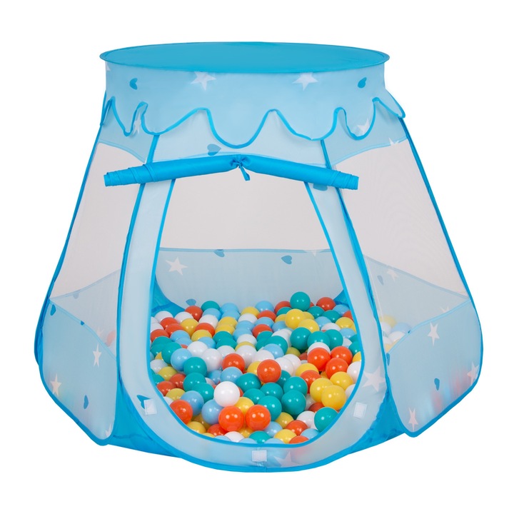 Cort de joaca, Selonis, Castle House Pop Up Ballpit, 105x90cm, 200 bile, Albastru/Multicolor