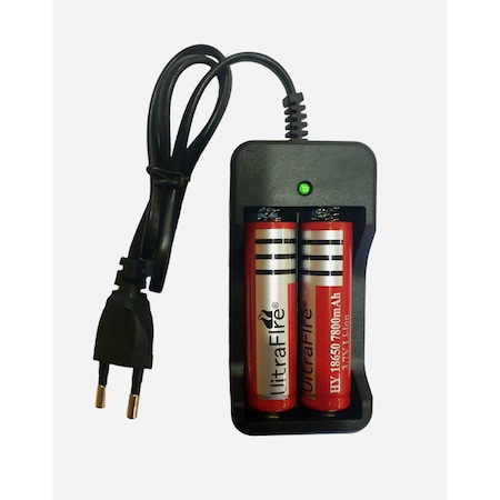 Set 2 acumulatori si incarcator, 3.7v tip 18650, 7800 mAh, Li-On, indicator LED incarcare, Negru