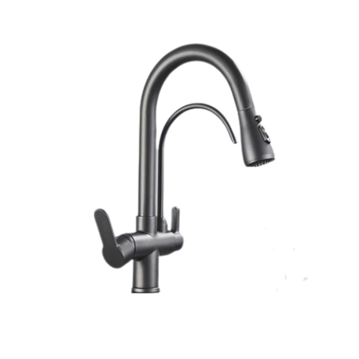 Смесител за кухня AquaSpa, С 3 функции за воден поток, 2 крана и издърпващ се душ, Сив