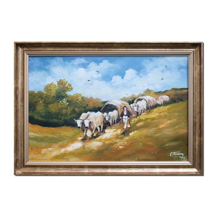 Tablou pictat manual inramat Artnova, Care cu boi, 70x50cm ulei pe panza, reproducere Nicolae Grigorescu