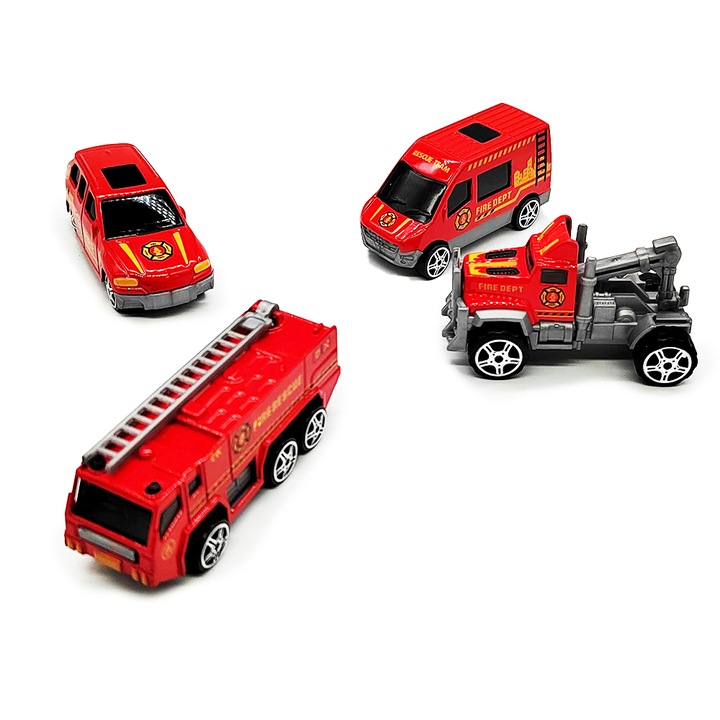 Set 4 masinute, Fire Brigade Die Cast, rosu, Vision XXI