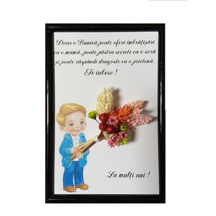 Tablou pentru bunica, cu baietel,10x15 cm, rama plastic, cu flori uscate