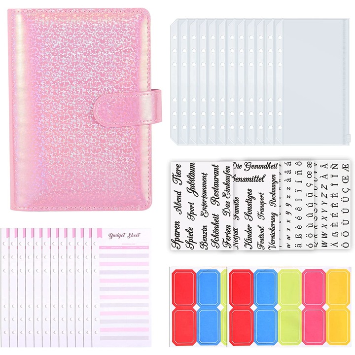 Nierbo Költségvetés-tervező naplókészlet, A6-os, költségvetési kártyákkal, cipzáras táskával, jegyzetpapírral, matricás címkékkel, rózsaszín