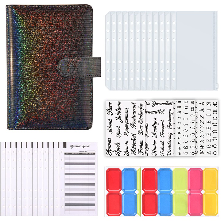 Nierbo Költségvetés-tervező naplókészlet, A6-os, költségvetési kártyákkal, cipzáras táskával, jegyzetpapírral, matricás címkékkel, fekete