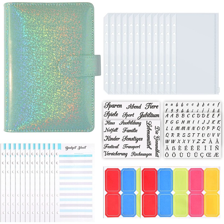 A6-os költségvetés-tervező naplókészlet, NIERBO®, költségvetési kártyával, cipzáras táskával, írópapírral, matricás címkével, kék