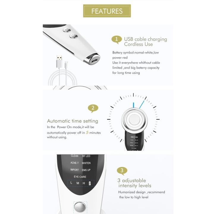 7 В 1 уред за професионална терапия на лице AZeira®, Почиства и предпазва кожата след излагане на слънце, Функции RF, EMS, Микроток, Подмладяване, Хидратация, Лифтинг, Вибромасаж, Мезотерапия и Фототерапия, USB зареждане, 750 mHA батерия, бял