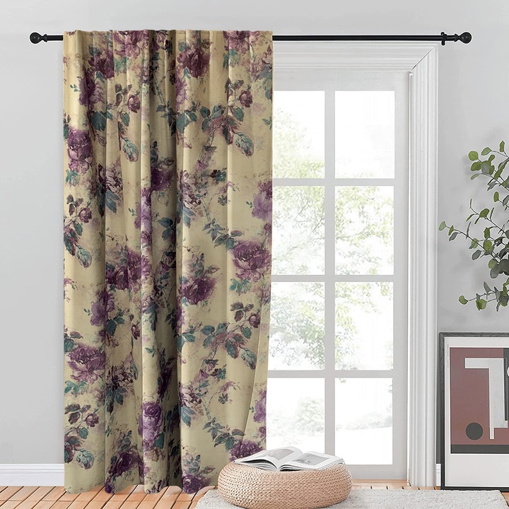 Set draperii blackout model floral cu rejansa transparenta cu ate pentru galerie, Madison, 200x235 cm, densitate 700 g/ml, Pastel Roses, 2 buc