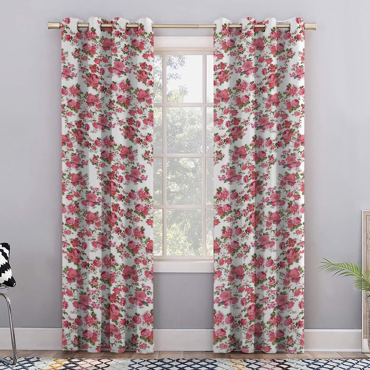 Set draperii blackout model floral cu inele negre, Madison, 250x270 cm, densitate 700 g/ml, Garden Flowers, 2 buc