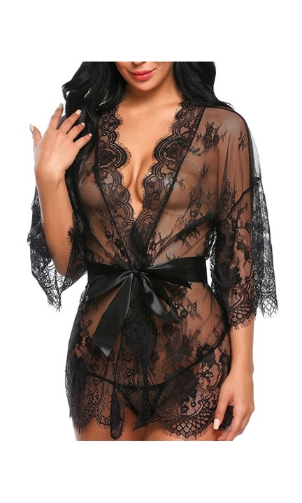 Lenjerie sexy, Simply Joy, halat transparent din dantela si chiloti tanga, lenjerie erotica pentru femei, M, Negru