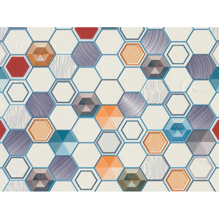 Tapet Slavyanski Oboi, Mozaic 5800-03, model imitatie mozaic, multicolor, superlavabil, vinil, rezistent la umezeala, pentru bai si bucatarii, rola 0.53 m x 10.05 m