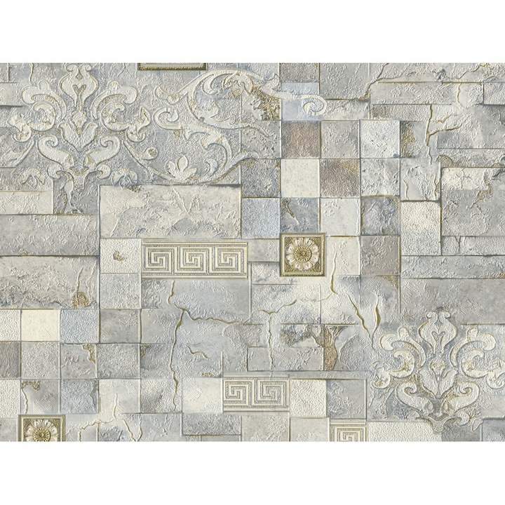 Tapet Slavyanski Oboi, Troia 5792-03, model imitatie mozaic, gri-bej, superlavabil, vinil, rezistent la umezeala, pentru bai si bucatarii, rola 0.53 m x 10.05 m