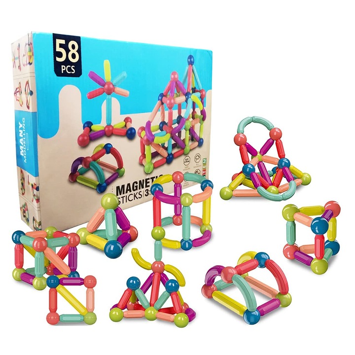 Set 58 piese magnetice, Puzzle de Constructie cu Magnet 3D, Magnetic Sticks, Multicolor, 3 Ani