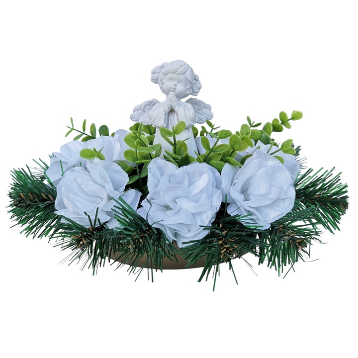 Aranjament funerar floral oval cu brad artificial, trandafiri albi artificiali si inger din ceramica, Dady, 27x20x17 cm