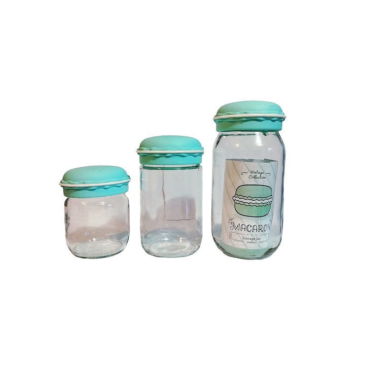 Set 3 recipiente pentru depozitare alimente, sticla, 425 ml, 660 ml, 1000ml, Macarons, Albastru