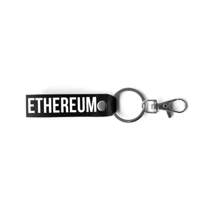 Breloc cryptomonede, BRELOCK, piele, 3 x 8 cm, print cu mesaj personalizat "Ethereum", negru argintiu
