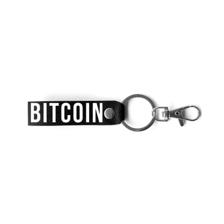 Breloc cryptomonede, BRELOCK, piele, 3 x 8 cm, print cu mesaj personalizat "Bitcoin", negru argintiu