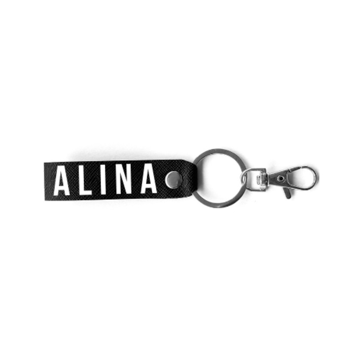 Breloc personalizat femei, BRELOCK, piele, 3 x 8 cm, print text cu nume "Alina", negru argintiu