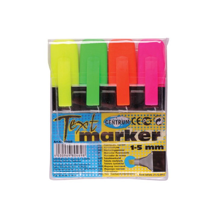 Textmarker Centrum, 4 szín/készlet, ferde hegy 1-5 mm