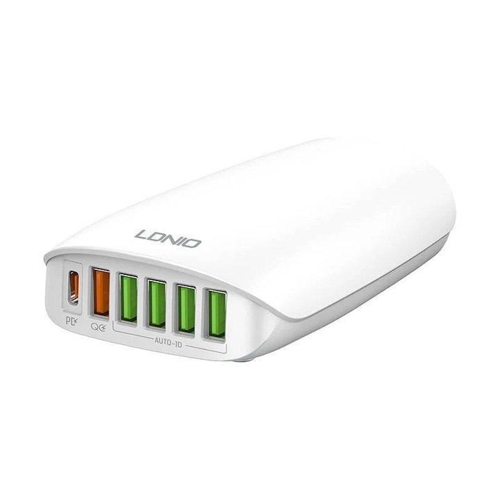 Incarcator de retea LDNIO A6573C, 5 porturi USB si 1 USB C, 65 W, 1,5 m, Alb