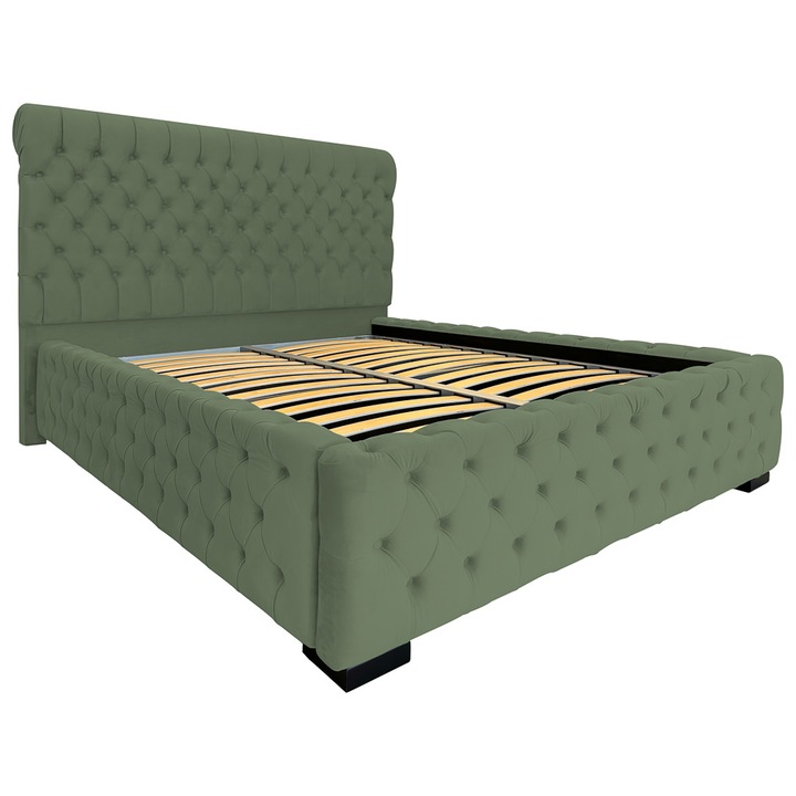 Pat tapitat Nottuno Luxury, cu lada de depozitare si somiera rabatabila, verde maslin, F11, 140x200 cm