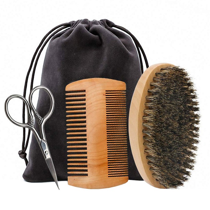 Комплект за подстригване на брада и мустаци, Zamo®, дървена четка, ножица, двустранен дървен гребен, чанта за носене, кафяв цвят